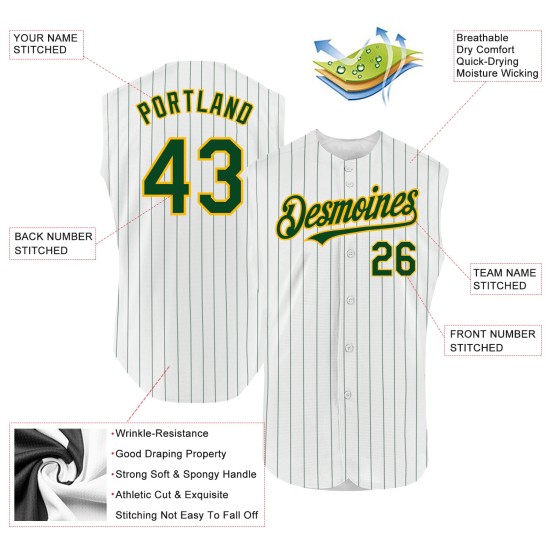 Sleeveless Green Baseball Gold Pinstripe Custom Jersey White Authentic Sleeveless Green Baseball Gold Pinstripe Custom Jersey White Authentic