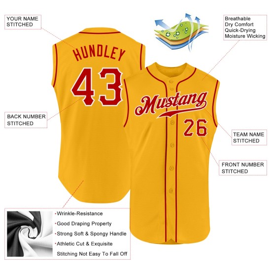 Authentic Red-White Gold Custom Sleeveless Jersey Baseball Authentic Red-White Gold Custom Sleeveless Jersey Baseball