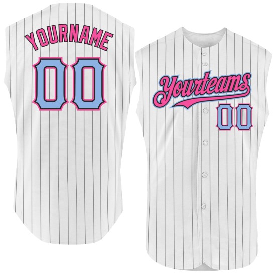 Pinstripe Black Custom Baseball Sleeveless Light Jersey White Blue-Pink Authentic Pinstripe Black Custom Baseball Sleeveless Light Jersey White Blue-Pink Authentic