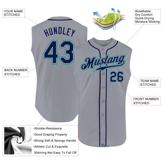Custom Navy-Teal Gray Baseball Jersey Sleeveless Authentic Custom Navy-Teal Gray Baseball Jersey Sleeveless Authentic