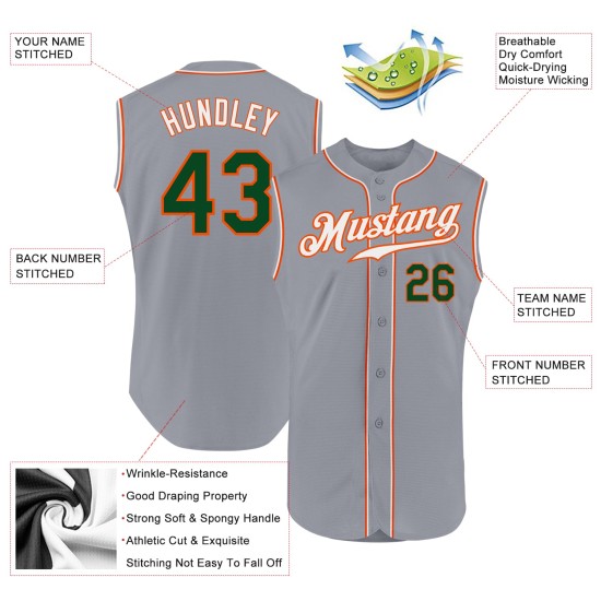 Green-Orange Sleeveless Authentic Gray Custom Baseball Jersey Green-Orange Sleeveless Authentic Gray Custom Baseball Jersey