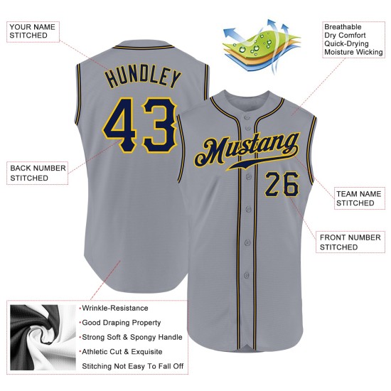 Custom Jersey Authentic Baseball Navy-Gold Gray Sleeveless Custom Jersey Authentic Baseball Navy-Gold Gray Sleeveless
