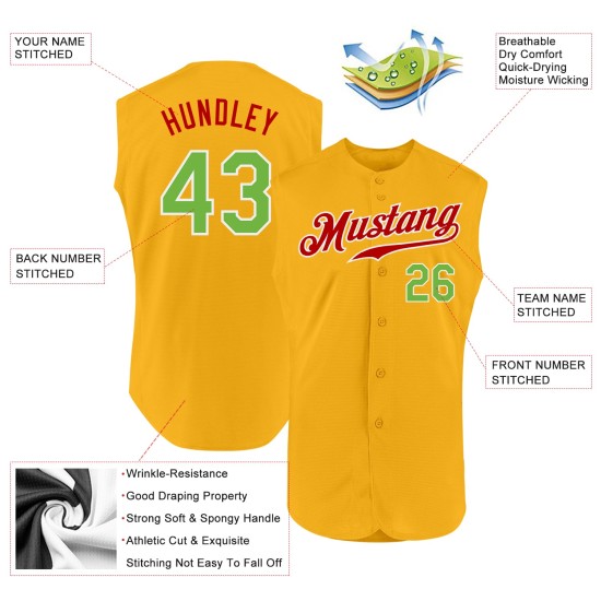 Sleeveless Neon Authentic Jersey Custom Gold Baseball Green-Red Sleeveless Neon Authentic Jersey Custom Gold Baseball Green-Red