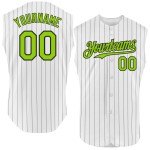 White Black Sleeveless Custom Green Neon Authentic Pinstripe Baseball Jersey White Black Sleeveless Custom Green Neon Authentic Pinstripe Baseball Jersey