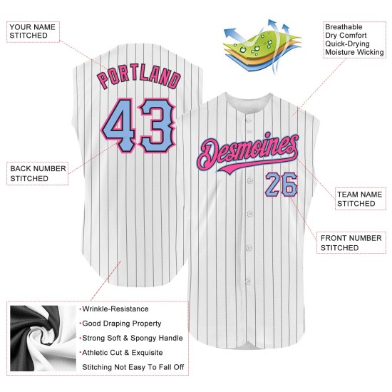 Pinstripe Black Custom Baseball Sleeveless Light Jersey White Blue-Pink Authentic Pinstripe Black Custom Baseball Sleeveless Light Jersey White Blue-Pink Authentic