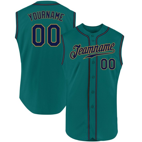 Authentic Custom Baseball Sleeveless Gold Aqua Jersey Navy-Old Authentic Custom Baseball Sleeveless Gold Aqua Jersey Navy-Old