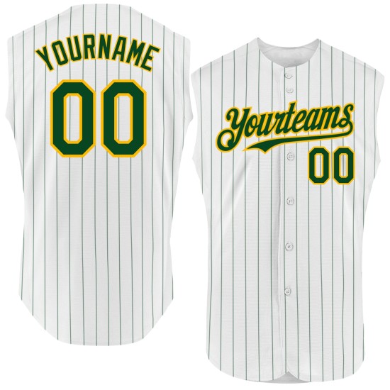 Sleeveless Green Baseball Gold Pinstripe Custom Jersey White Authentic Sleeveless Green Baseball Gold Pinstripe Custom Jersey White Authentic