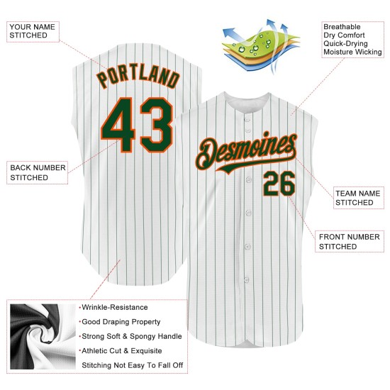 Custom Baseball Jersey Green Pinstripe White Sleeveless Orange Authentic Custom Baseball Jersey Green Pinstripe White Sleeveless Orange Authentic