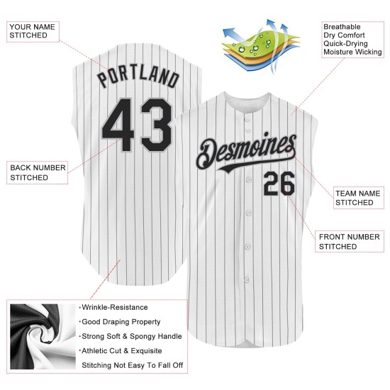 Pinstripe Sleeveless White Custom Jersey Gray Authentic Baseball Black Pinstripe Sleeveless White Custom Jersey Gray Authentic Baseball Black