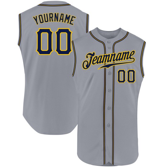 Custom Jersey Authentic Baseball Navy-Gold Gray Sleeveless Custom Jersey Authentic Baseball Navy-Gold Gray Sleeveless