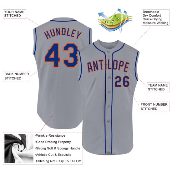 Sleeveless Authentic Baseball Royal-Orange Jersey Custom Gray Sleeveless Authentic Baseball Royal-Orange Jersey Custom Gray