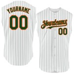 Custom Baseball Jersey Green Pinstripe White Sleeveless Orange Authentic Custom Baseball Jersey Green Pinstripe White Sleeveless Orange Authentic