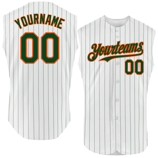 Custom Baseball Jersey Green Pinstripe White Sleeveless Orange Authentic Custom Baseball Jersey Green Pinstripe White Sleeveless Orange Authentic
