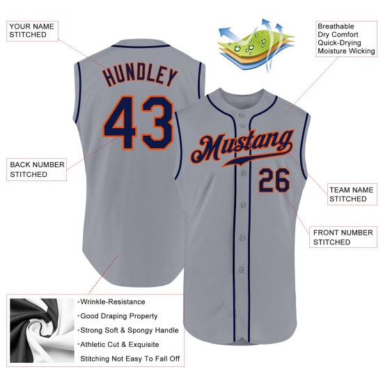 Jersey Sleeveless Authentic Custom Gray Navy-Orange Baseball Jersey Sleeveless Authentic Custom Gray Navy-Orange Baseball