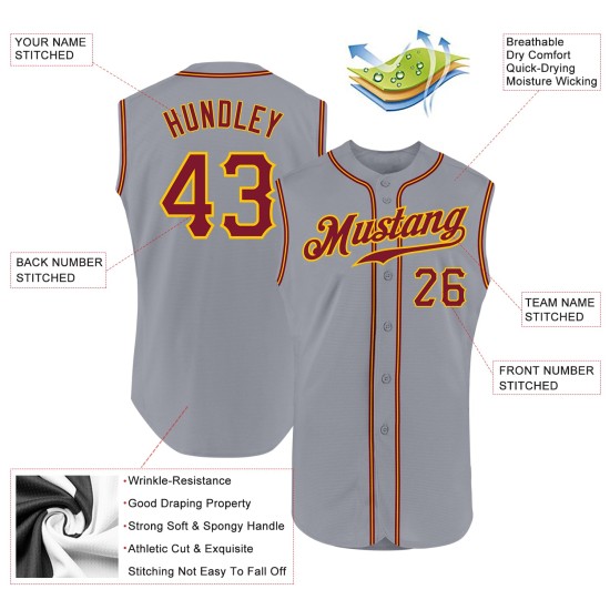 Jersey Gray Sleeveless Crimson-Gold Baseball Authentic Custom Jersey Gray Sleeveless Crimson-Gold Baseball Authentic Custom