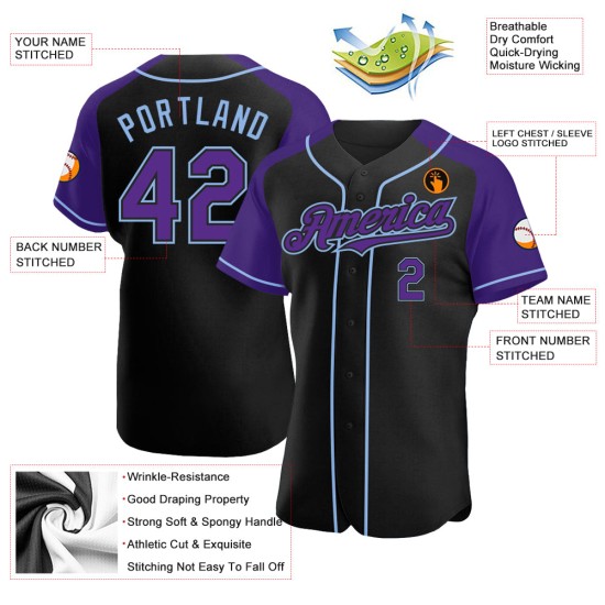 Black Raglan Sleeves Baseball Custom Jersey Authentic Blue Purple-Light Black Raglan Sleeves Baseball Custom Jersey Authentic Blue Purple-Light