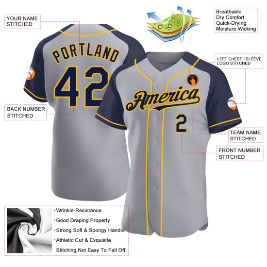 Raglan Authentic Navy-Gold Jersey Baseball Custom Gray Sleeves Raglan Authentic Navy-Gold Jersey Baseball Custom Gray Sleeves