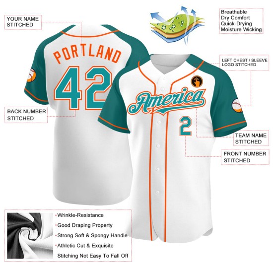 Custom Baseball White Teal-Orange Jersey Raglan Authentic Sleeves Custom Baseball White Teal-Orange Jersey Raglan Authentic Sleeves