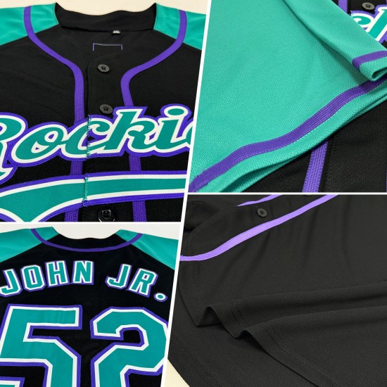 Custom Baseball Sleeves Raglan Authentic Teal-Purple Black Jersey Custom Baseball Sleeves Raglan Authentic Teal-Purple Black Jersey