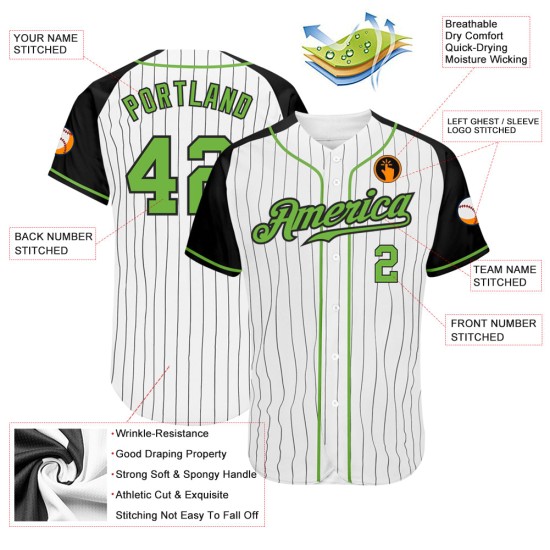 Raglan White Neon Jersey Black Authentic Sleeves Baseball Green-Black Pinstripe Custom Raglan White Neon Jersey Black Authentic Sleeves Baseball Green-Black Pinstripe Custom