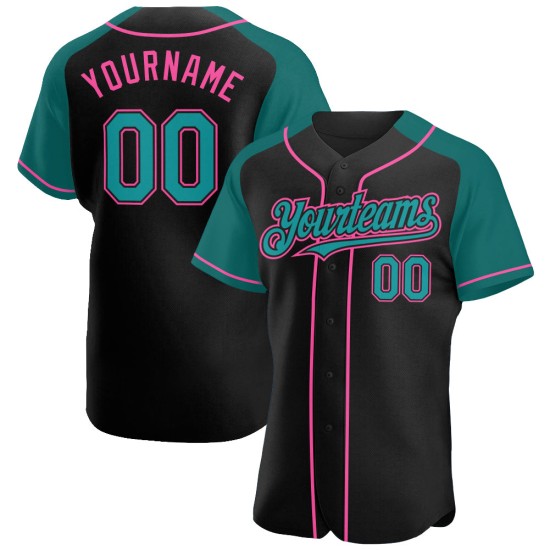 Authentic Raglan Sleeves Black Custom Jersey Baseball Teal-Pink Authentic Raglan Sleeves Black Custom Jersey Baseball Teal-Pink