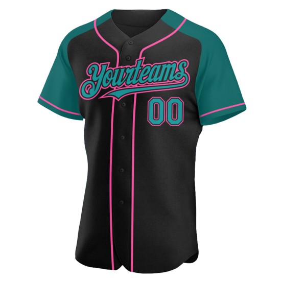 Authentic Raglan Sleeves Black Custom Jersey Baseball Teal-Pink Authentic Raglan Sleeves Black Custom Jersey Baseball Teal-Pink