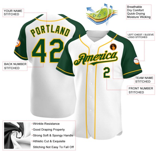 Jersey Authentic White Baseball Sleeves Raglan Custom Green-Gold Jersey Authentic White Baseball Sleeves Raglan Custom Green-Gold