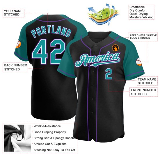 Custom Baseball Sleeves Raglan Authentic Teal-Purple Black Jersey Custom Baseball Sleeves Raglan Authentic Teal-Purple Black Jersey