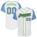 Pinstripe Authentic Baseball Raglan Custom Light Light White Sleeves Blue Blue-Neon Green Jersey Pinstripe Authentic Baseball Raglan Custom Light Light White Sleeves Blue Blue-Neon Green Jersey