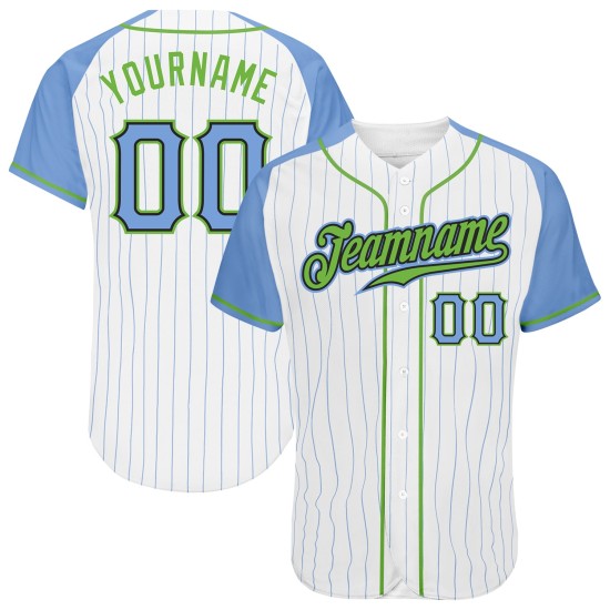 Pinstripe Authentic Baseball Raglan Custom Light Light White Sleeves Blue Blue-Neon Green Jersey Pinstripe Authentic Baseball Raglan Custom Light Light White Sleeves Blue Blue-Neon Green Jersey