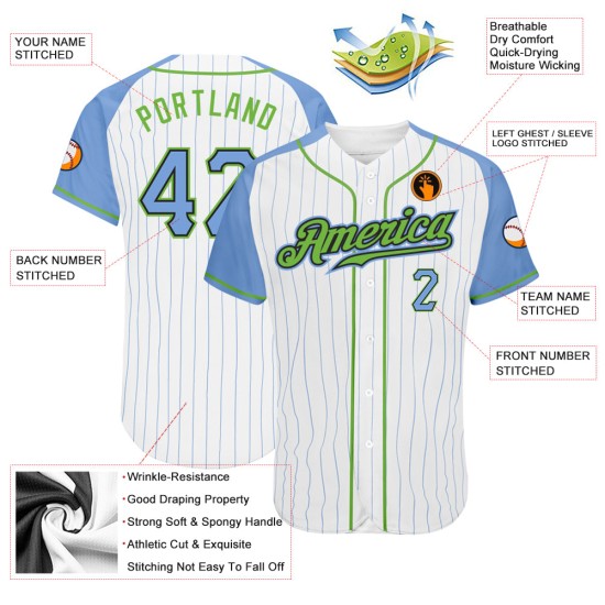 Pinstripe Authentic Baseball Raglan Custom Light Light White Sleeves Blue Blue-Neon Green Jersey Pinstripe Authentic Baseball Raglan Custom Light Light White Sleeves Blue Blue-Neon Green Jersey