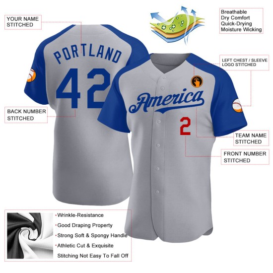 Gray Jersey Sleeves Raglan Custom Royal-Red Baseball Authentic Gray Jersey Sleeves Raglan Custom Royal-Red Baseball Authentic