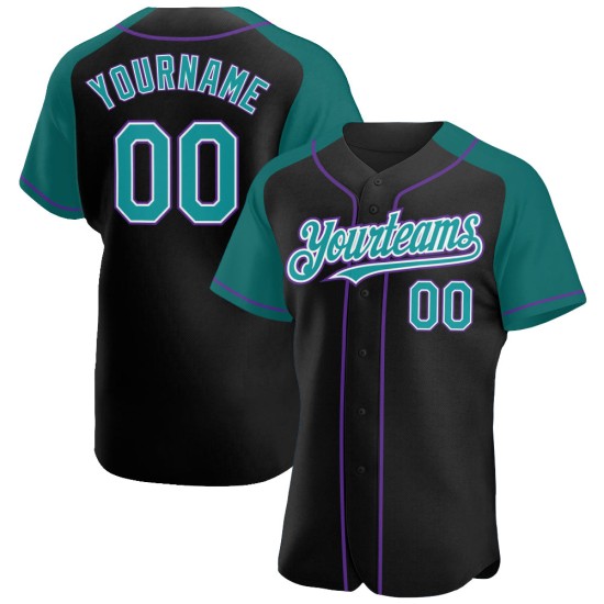 Custom Baseball Sleeves Raglan Authentic Teal-Purple Black Jersey Custom Baseball Sleeves Raglan Authentic Teal-Purple Black Jersey