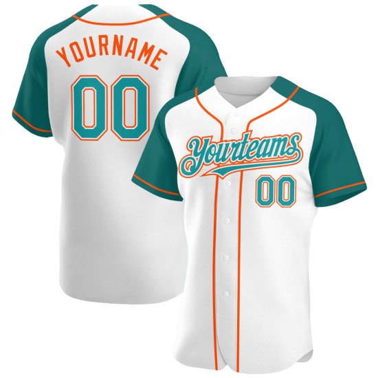 Custom Baseball White Teal-Orange Jersey Raglan Authentic Sleeves Custom Baseball White Teal-Orange Jersey Raglan Authentic Sleeves