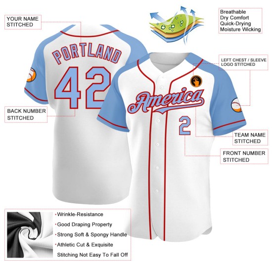 Blue-Red Baseball Raglan White Jersey Sleeves Custom Light Authentic Blue-Red Baseball Raglan White Jersey Sleeves Custom Light Authentic