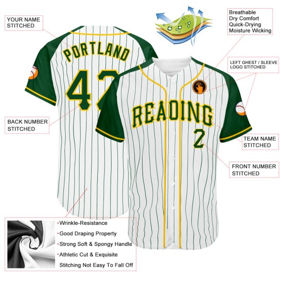 Green Raglan Sleeves Pinstripe Jersey Baseball Green-Gold White Custom Authentic Green Raglan Sleeves Pinstripe Jersey Baseball Green-Gold White Custom Authentic