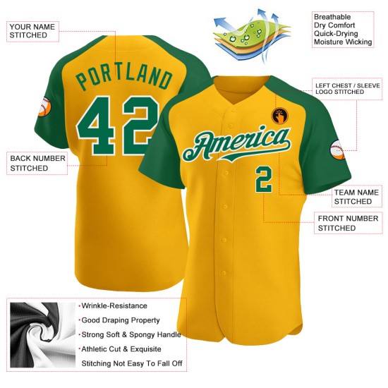 Custom Authentic Jersey Sleeves Green-White Baseball Kelly Gold Raglan Custom Authentic Jersey Sleeves Green-White Baseball Kelly Gold Raglan