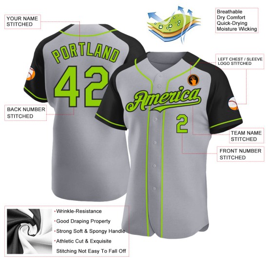 Raglan Neon Green-Black Gray Authentic Baseball Custom Jersey Sleeves Raglan Neon Green-Black Gray Authentic Baseball Custom Jersey Sleeves