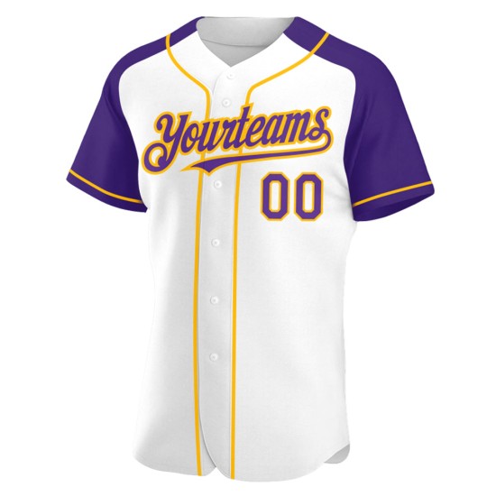 Jersey Authentic Custom White Purple-Gold Sleeves Baseball Raglan Jersey Authentic Custom White Purple-Gold Sleeves Baseball Raglan